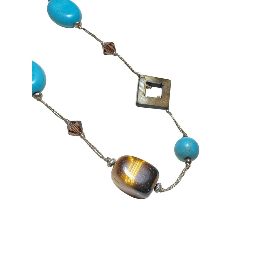 Vtg Boho Artisan Long Necklace Turquoise Amber Tiger Eye Beads Geometric